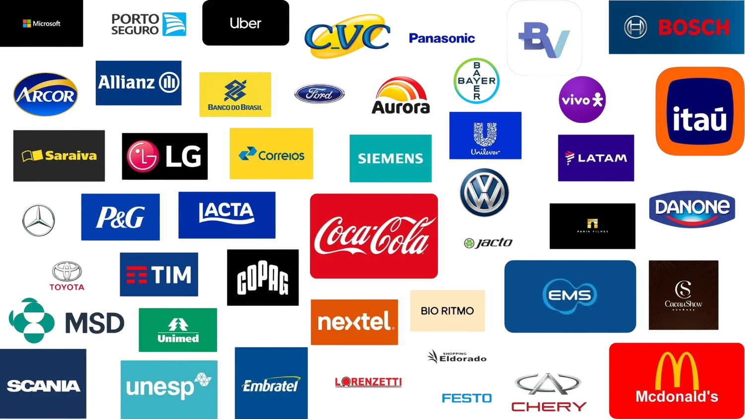 Logos de empresas que já aplicaram o método: Itaú, Bosch, Coca-Cola, LATAM, McDonald's, Mercedes-Benz, P&G, entre outras